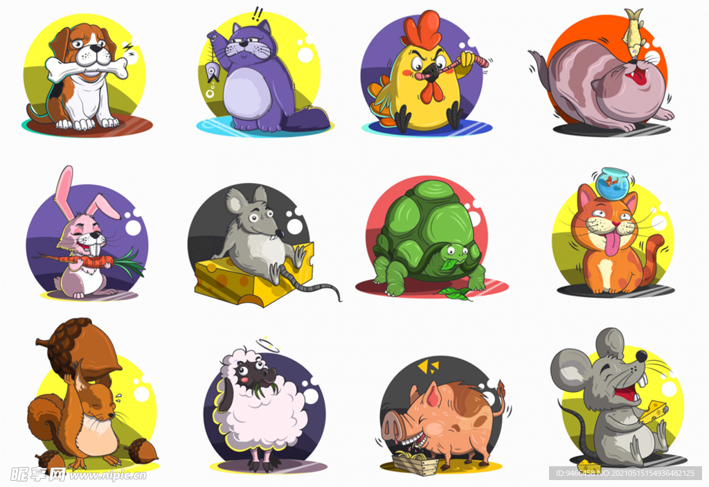 12款卡通吃食物的动物矢量素材