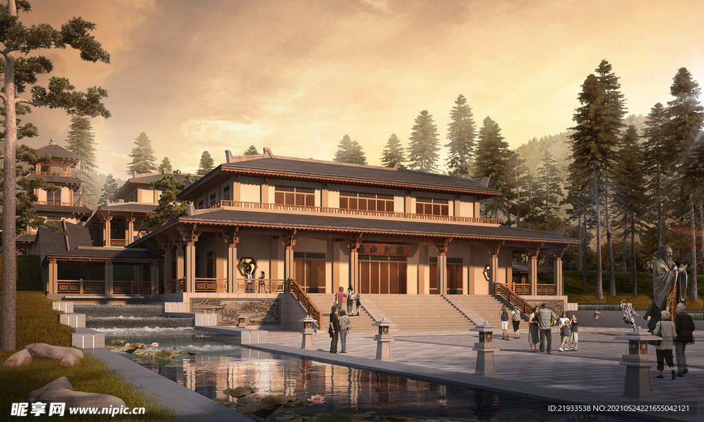中式寺庙建筑黄昏效果图
