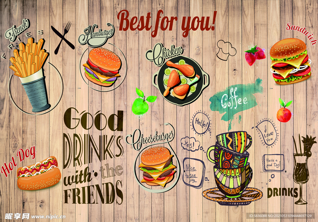 卡通汉堡薯条鸡腿餐饮装饰木墙画