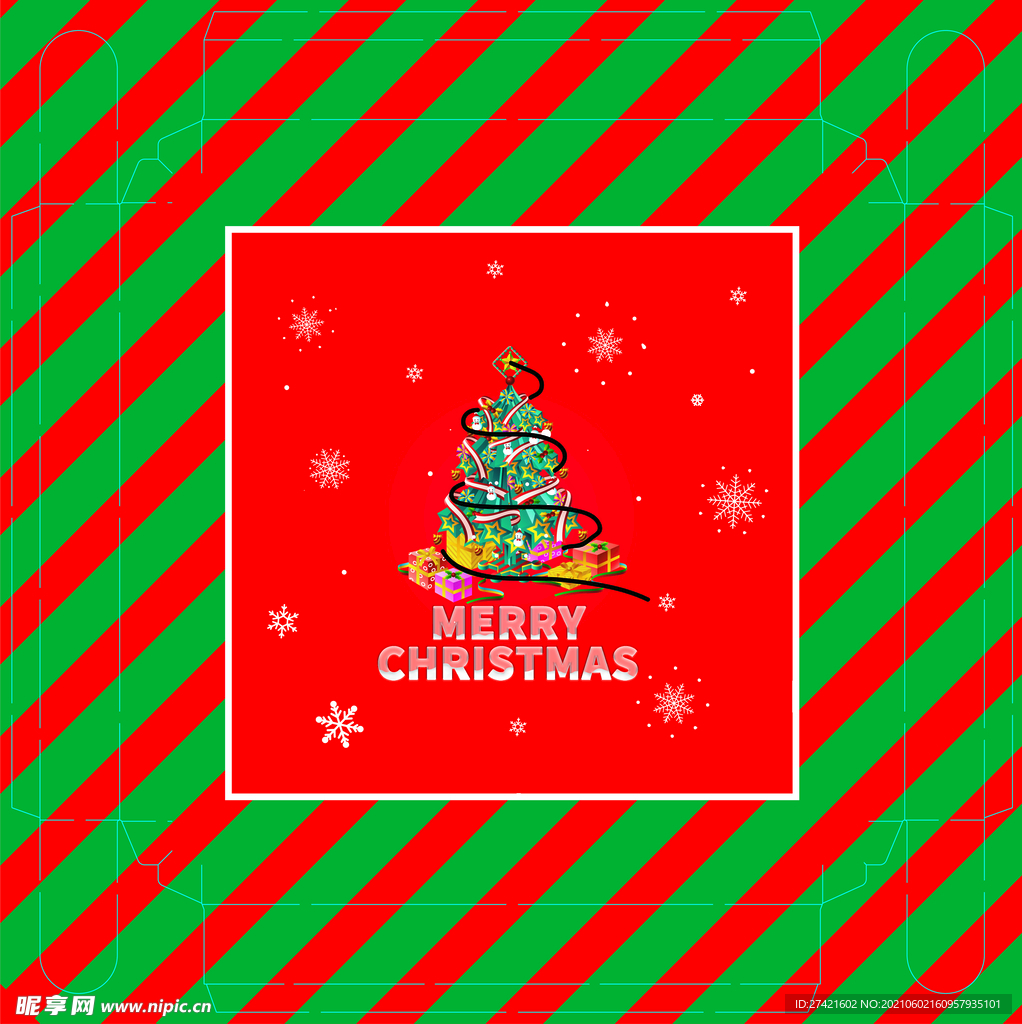 红色圣诞节体蛋糕盒盖展开图