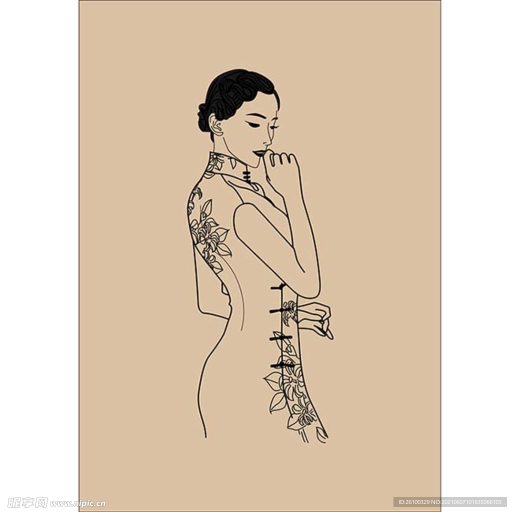 线描旗袍美女矢量图