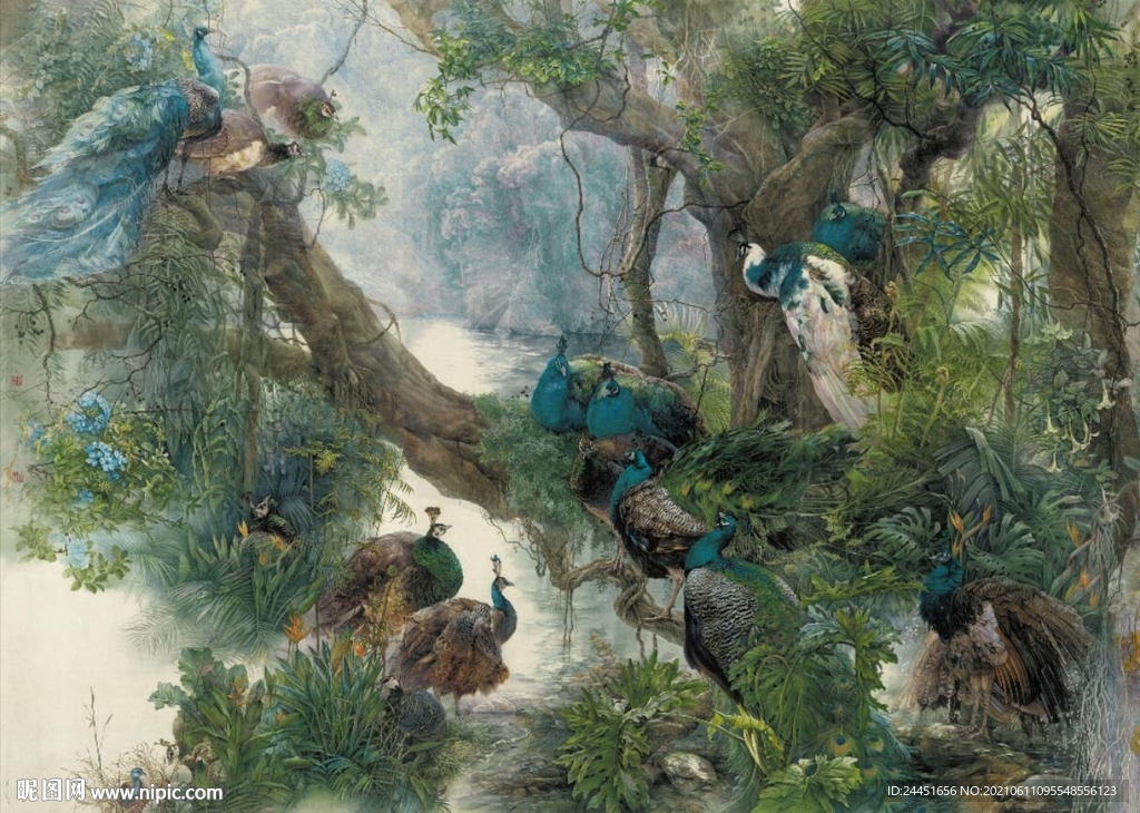 蓝绿孔雀高清大图装饰画