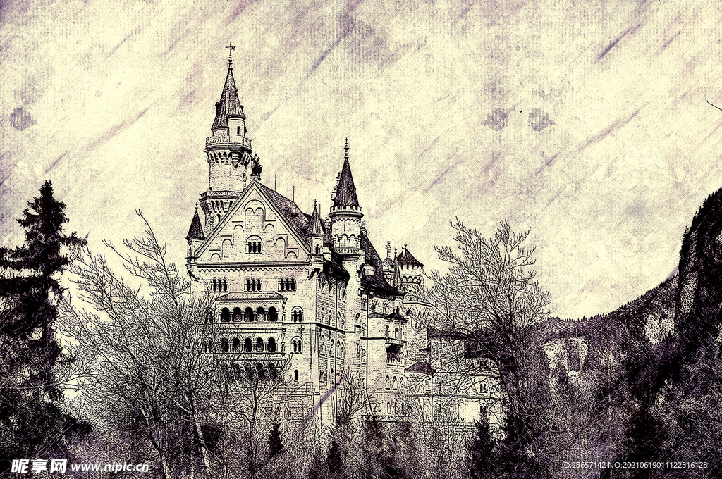 怀旧复古手绘城堡背景墙壁画图片