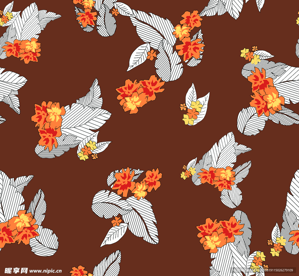 线条叶 咖啡底花 