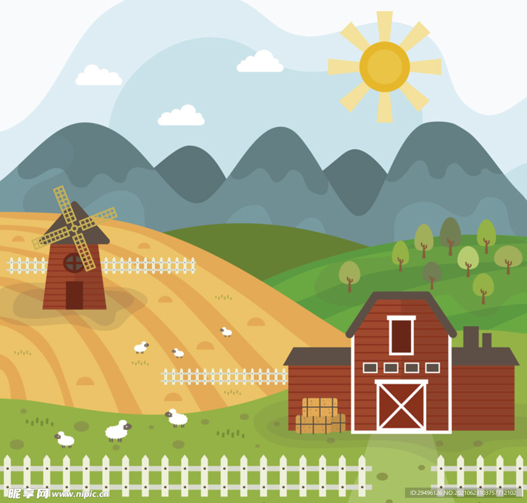 美丽农场庄园风景插画