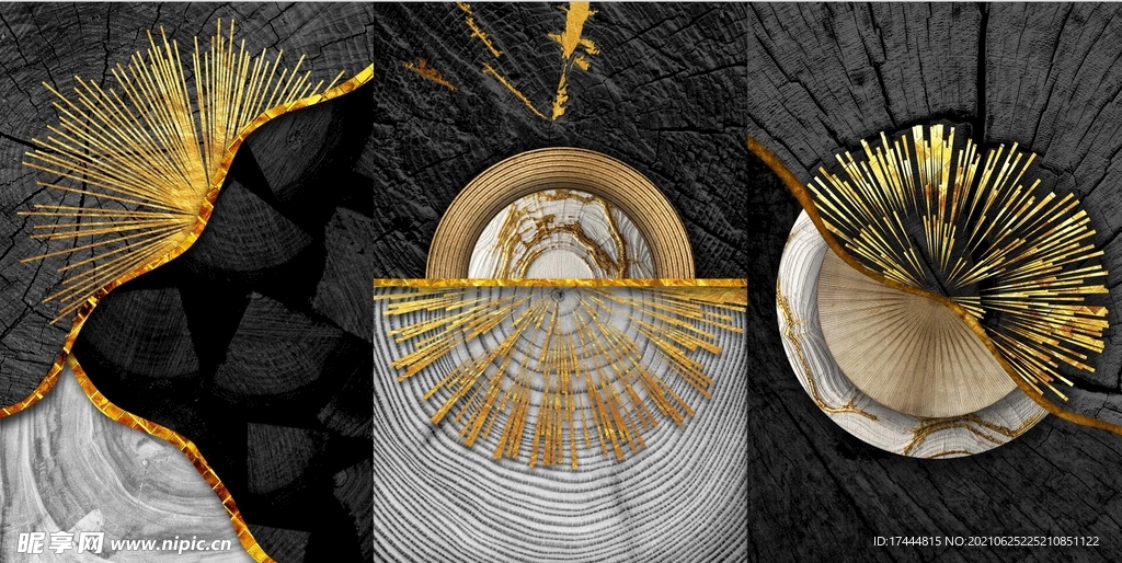 北欧轻奢金色木纹年轮组合装饰画