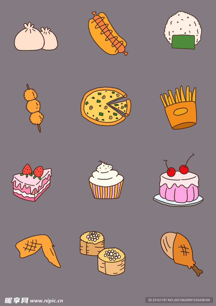原创手绘卡通小零食小吃餐饮
