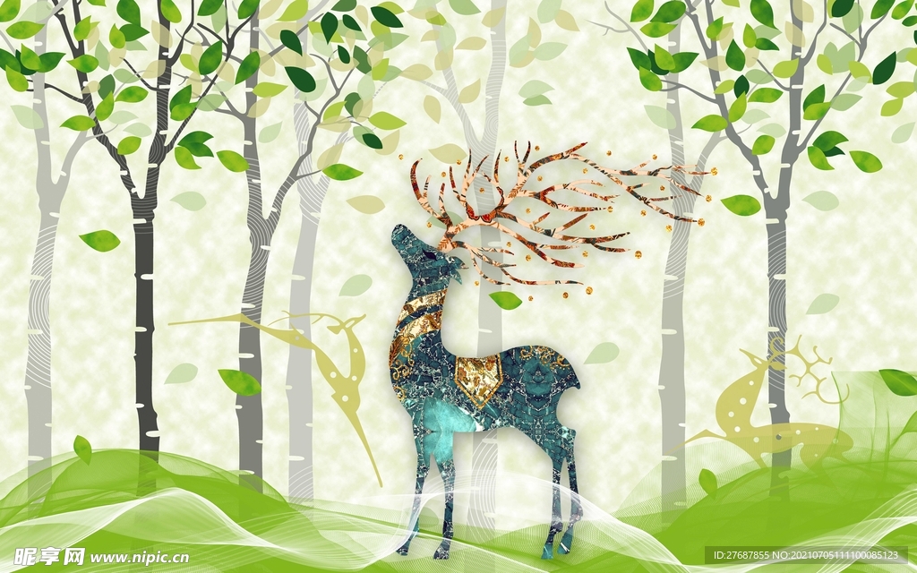小清新树林麋鹿背景墙
