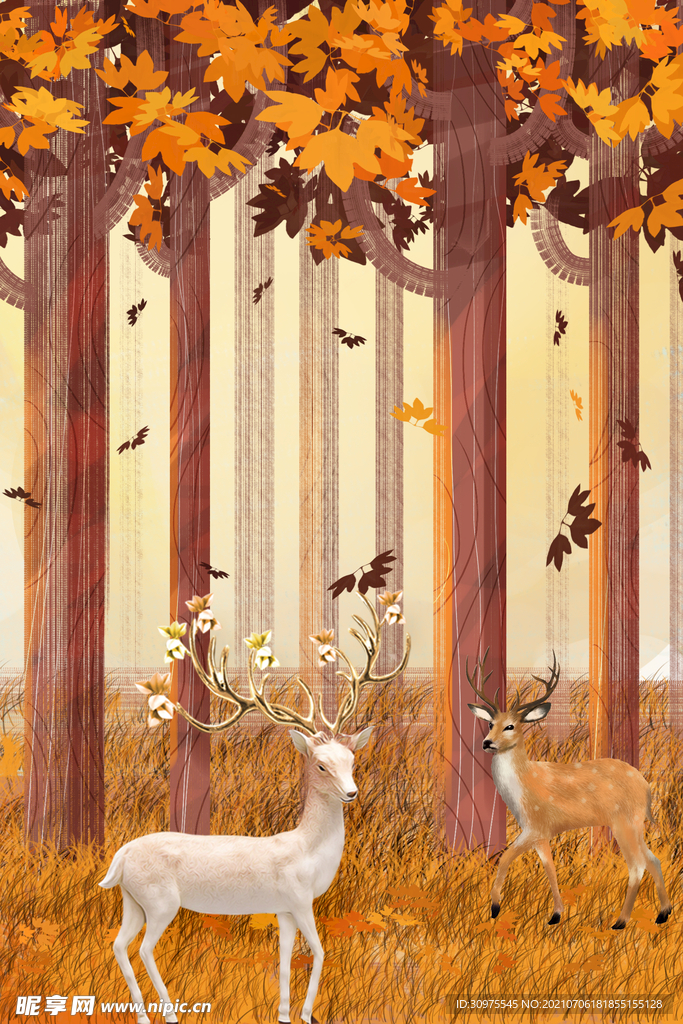 树林麋鹿玄关画