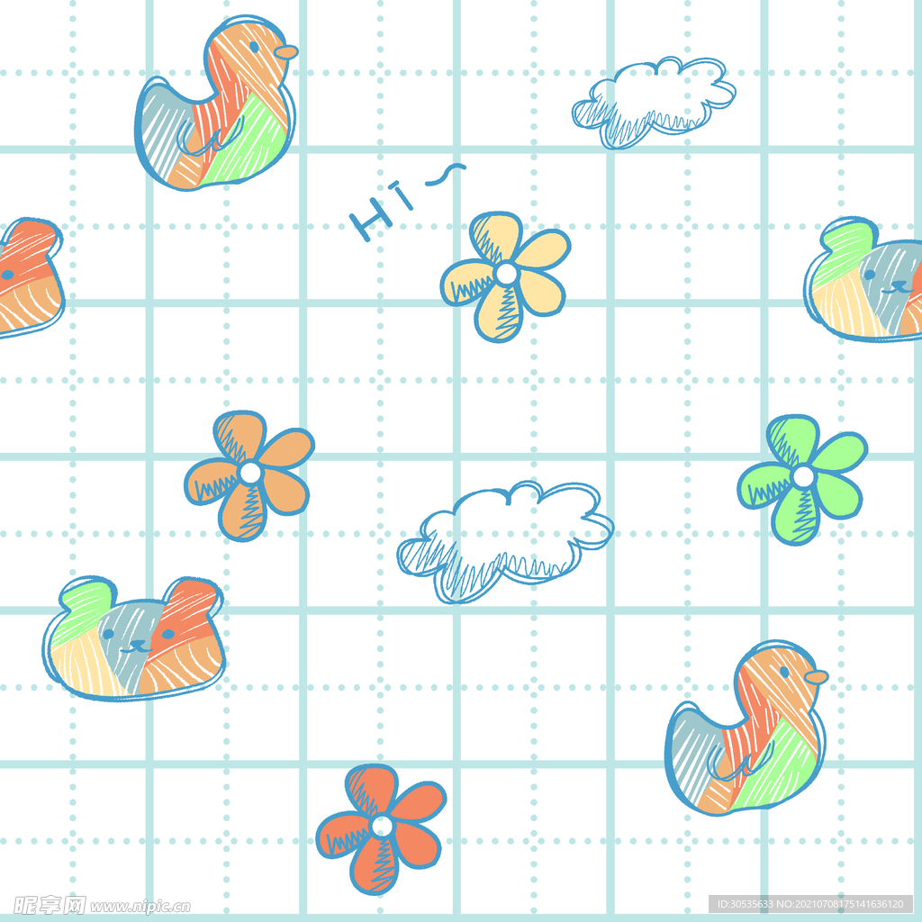 线条云格子卡通小动物