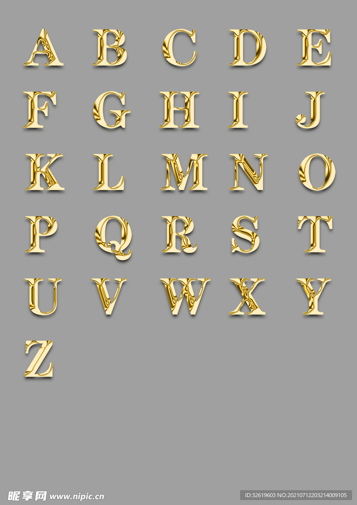 黄金大写字母A到Z高清素材