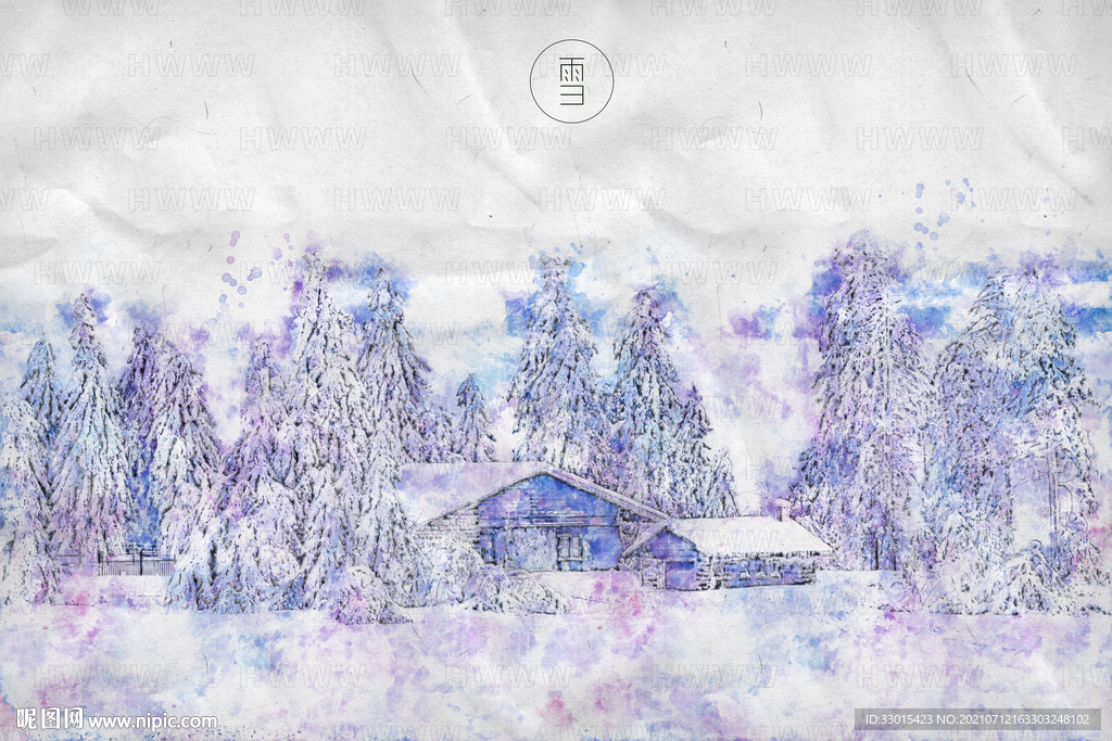 雪景雪松房子唯美手绘插画背景