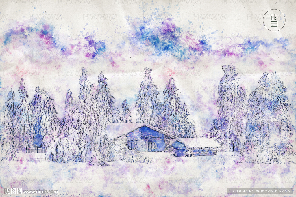 雪景雪松房子唯美手绘插画背景