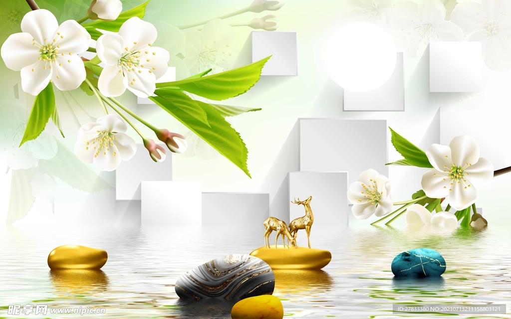 3D立体花卉麋鹿背景墙