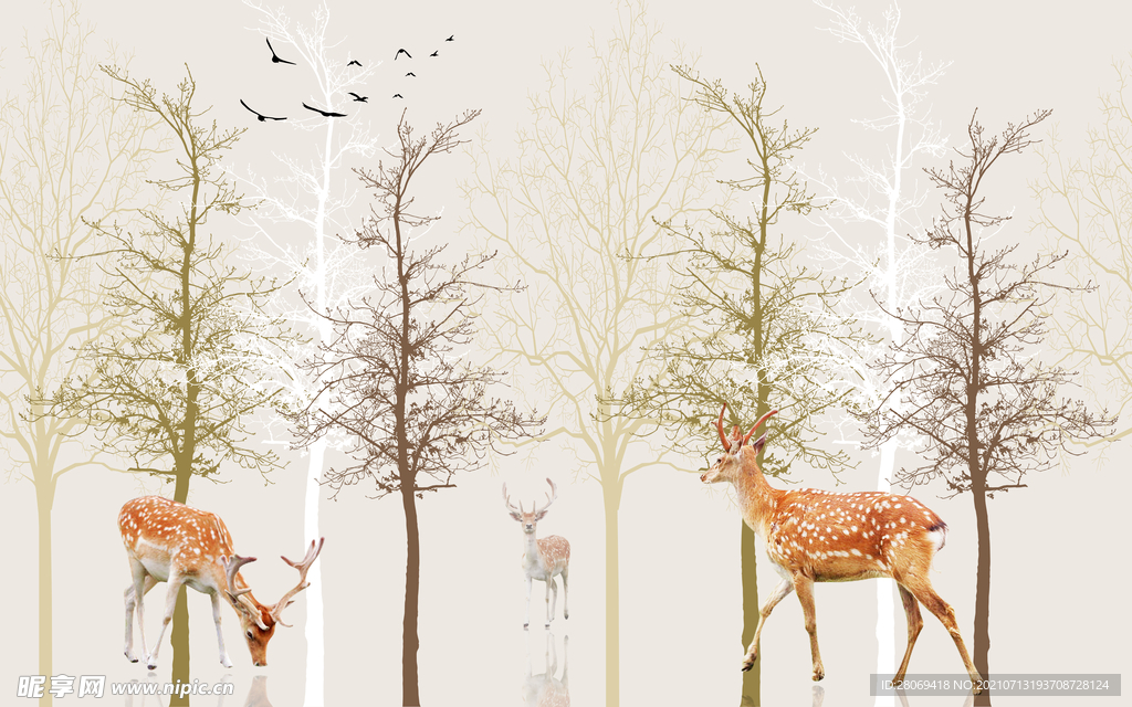 麋鹿树林背景墙