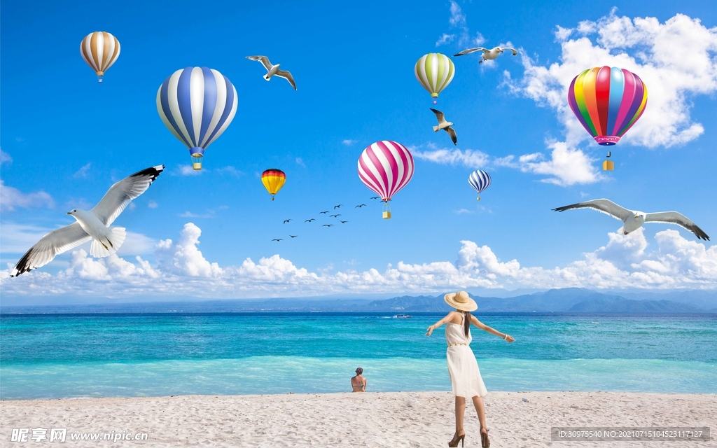 蓝天白云沙滩热气球
