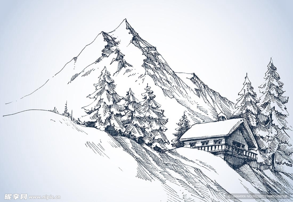 雪山脚下房屋素描