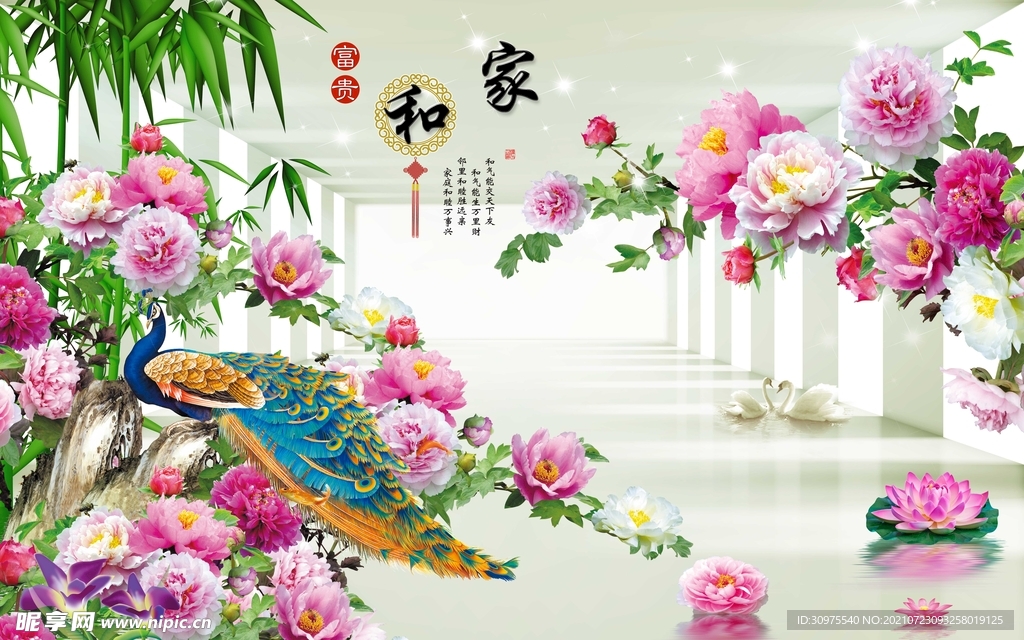 花开富贵孔雀背景墙