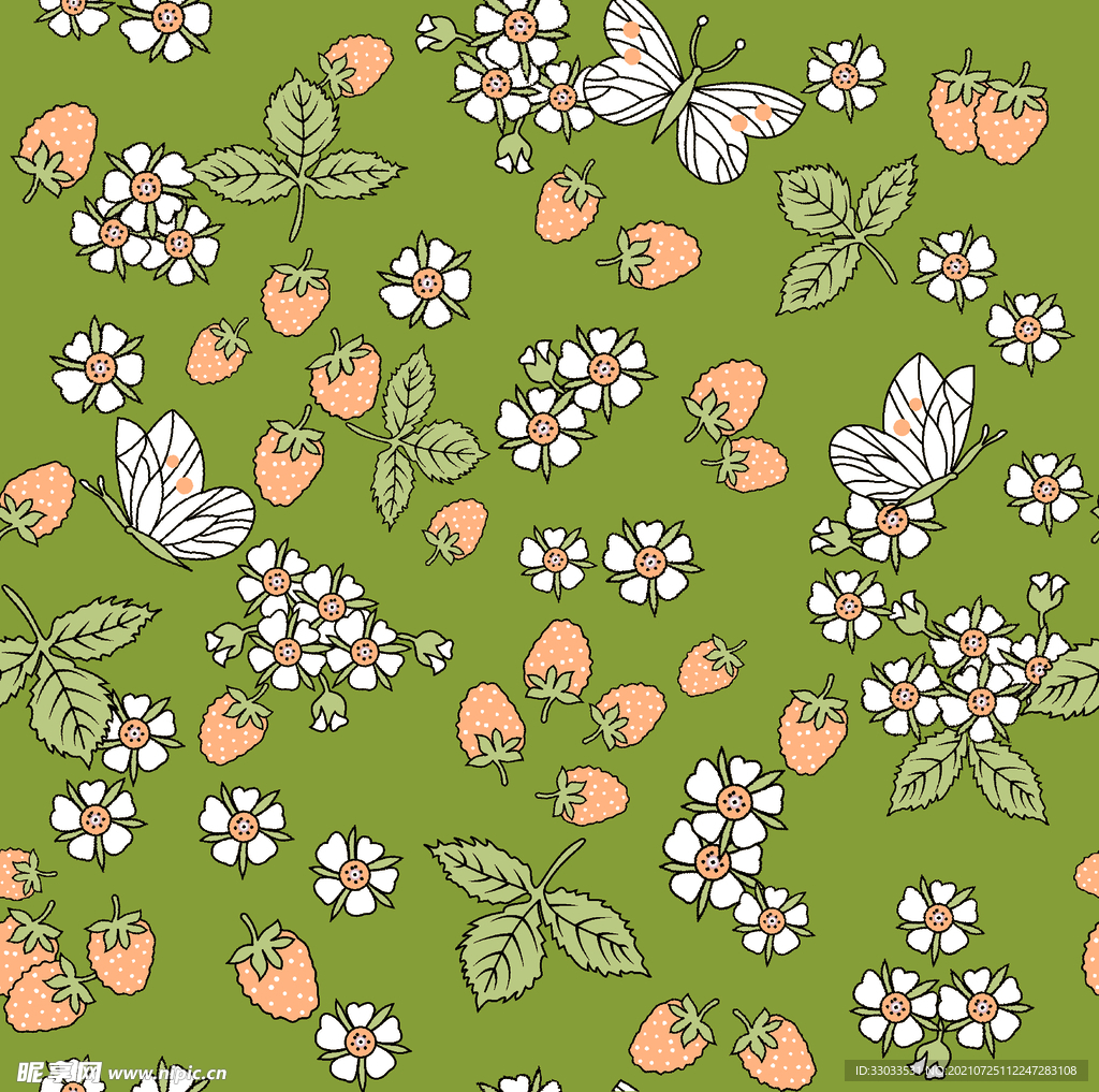 草莓 小白花 蝴蝶 叶子