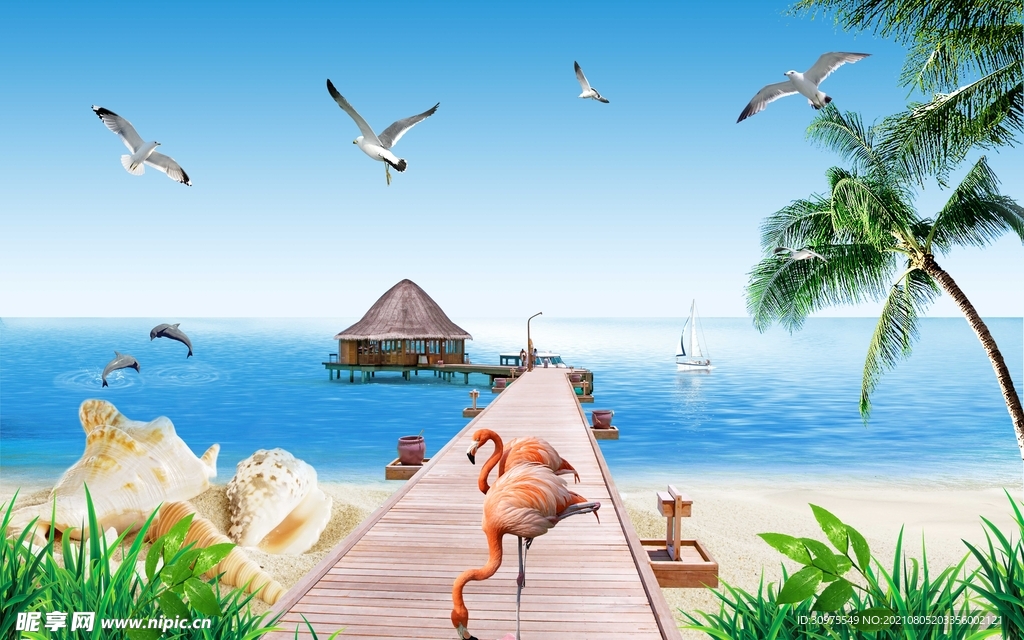 海边自由飞翔的海鸥