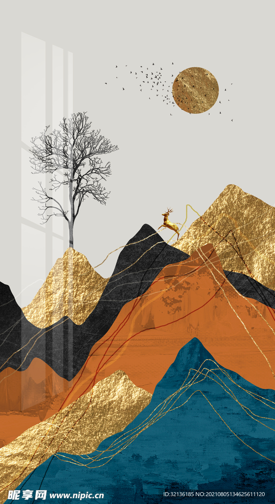 现代轻奢麋鹿山水装饰画