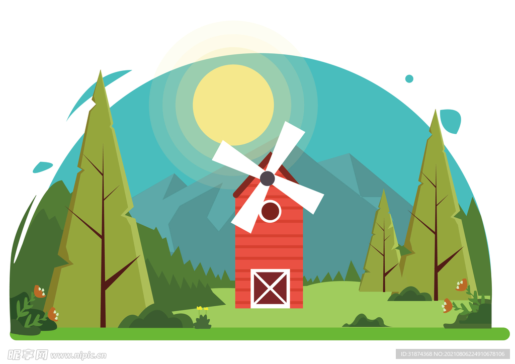 ai插画 山林风车 