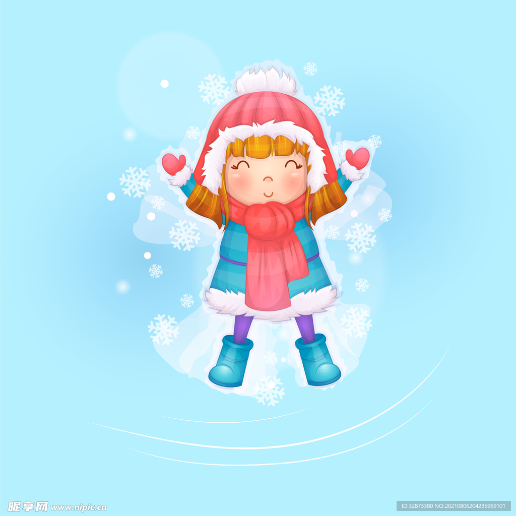 手绘矢量图卡通雪人场景女孩