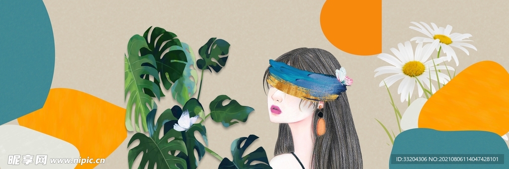 现代轻奢爱马仕橙少女几何装饰图