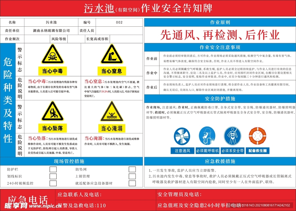 污水池作业安全告知牌