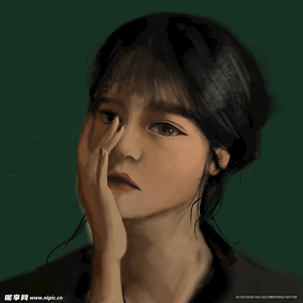 手绘手遮半边脸女生头像