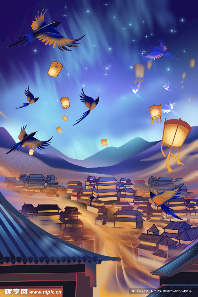 七夕情人节喜鹊孔明灯背景