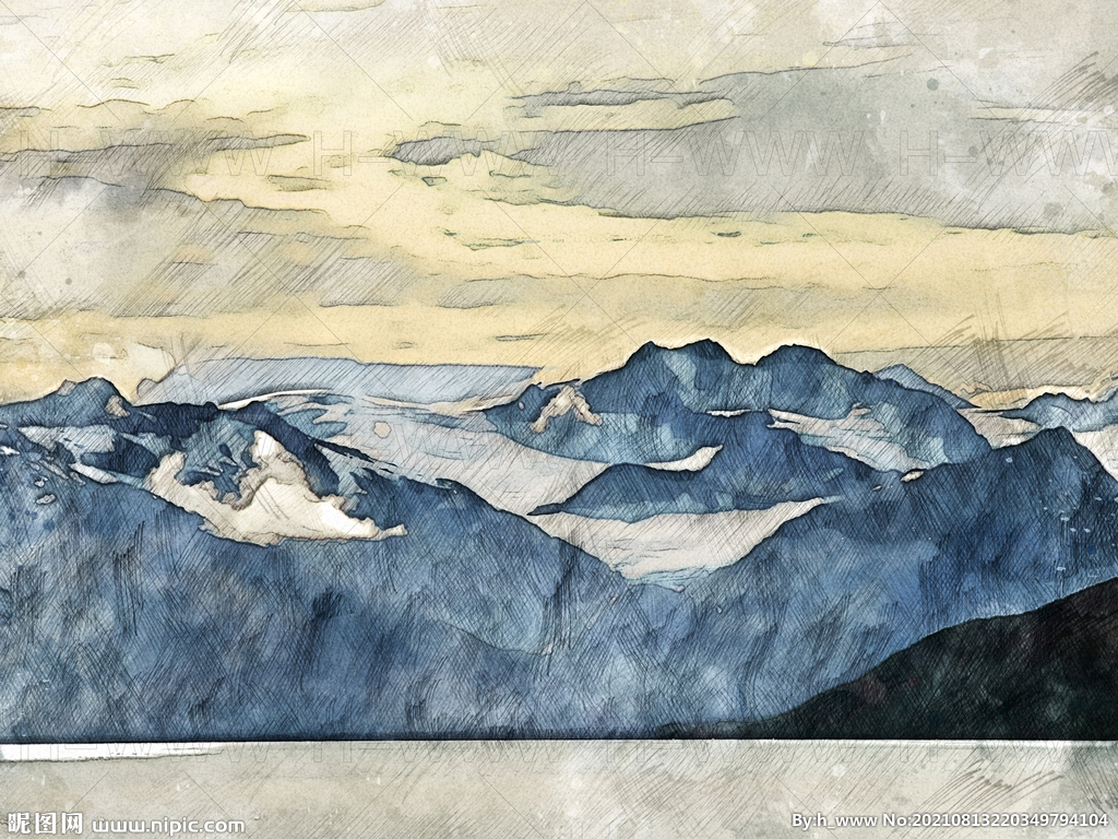 山峰群山素描手绘插画装饰画