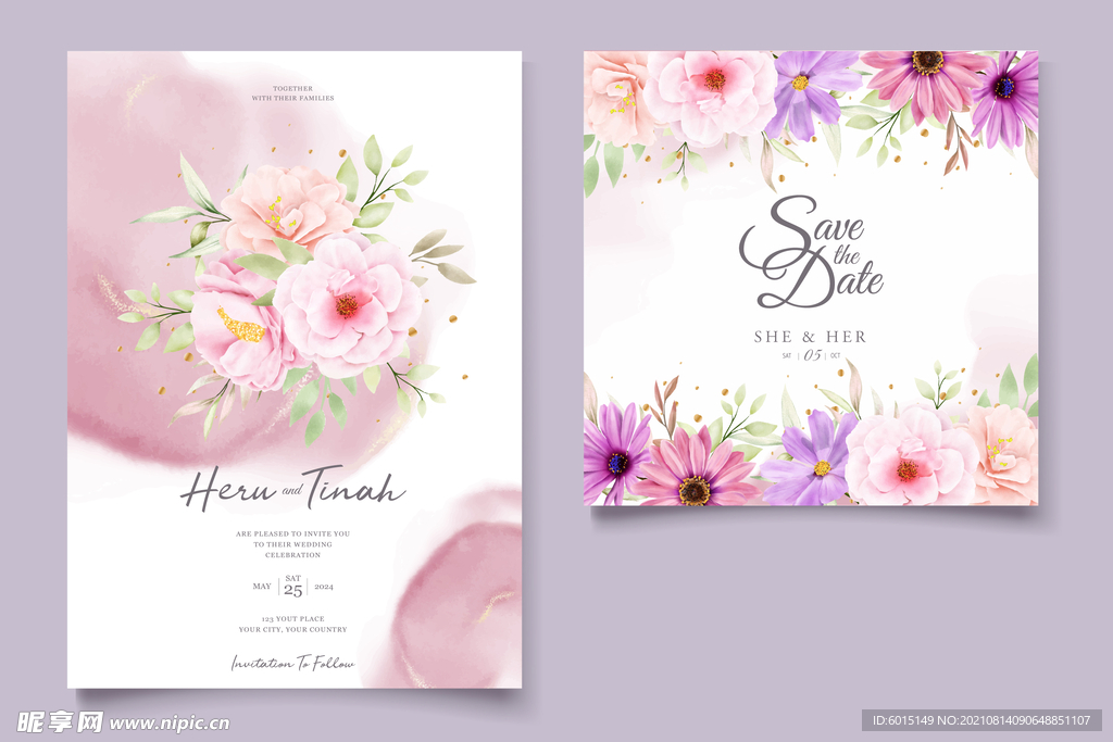 水彩菊花婚礼请柬