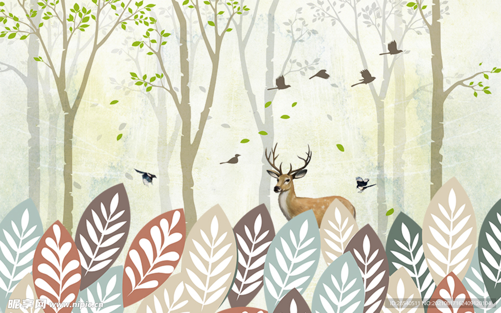 梦幻树林梅花鹿背景墙图片