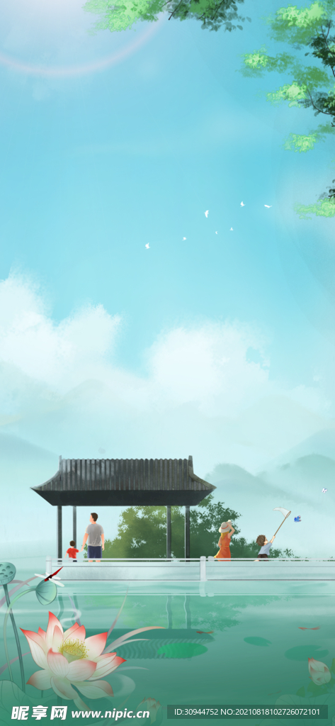 夏天 荷花 荷塘 中式 山水