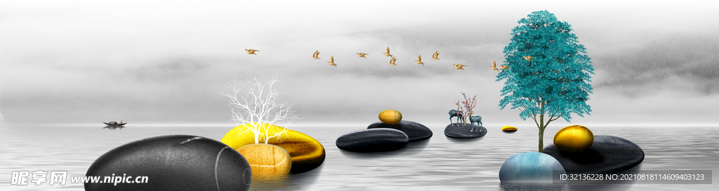 新中式抽象山水背景墙