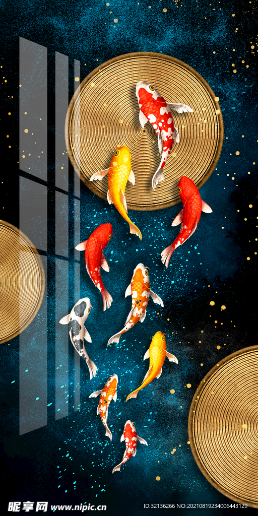 现代九鱼图玄关画