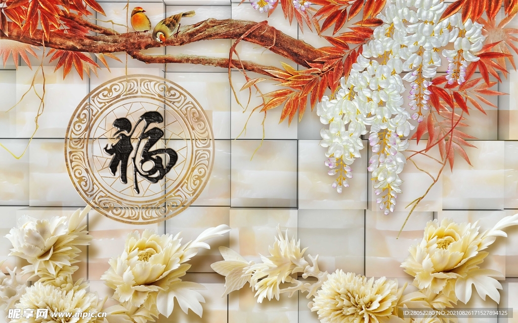 3D立体浮雕花卉背景墙