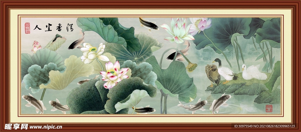 国画荷花中式装饰画