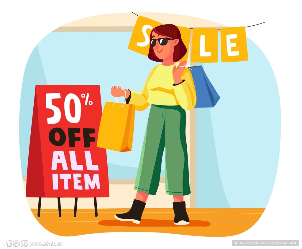 卡通商场促销女人购物插画