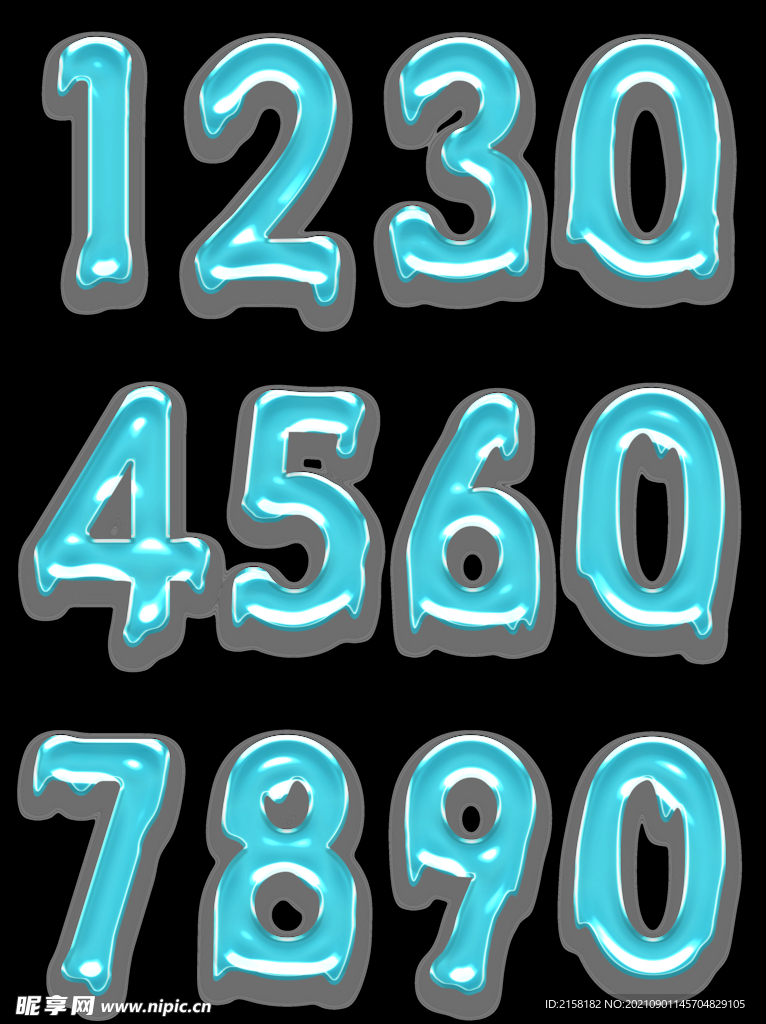 蓝色透明字果冻字效果阿拉伯数字