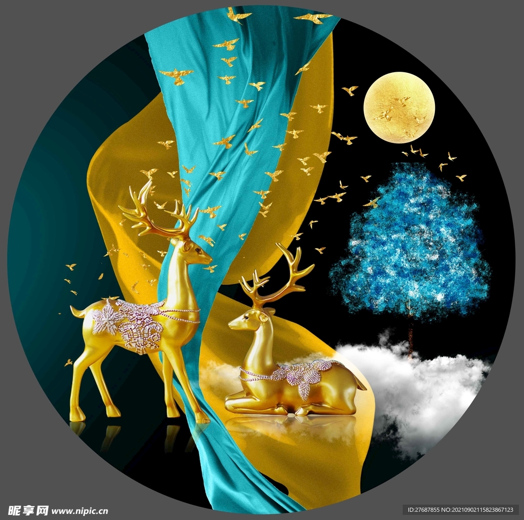 新中式麋鹿圆形装饰画