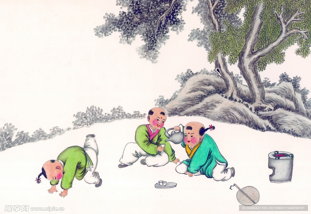 国画山村儿童游戏少儿