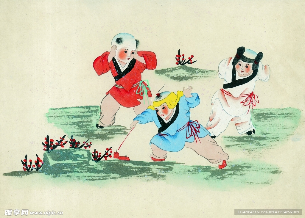 国画山村儿童游戏少儿