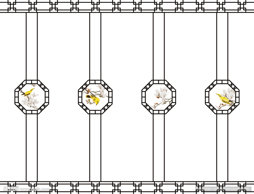 白玉兰黄鹂古典中式线条移门图片