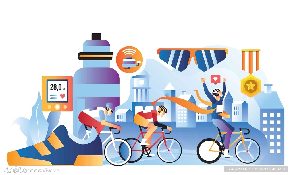 卡通骑自行车比赛插画