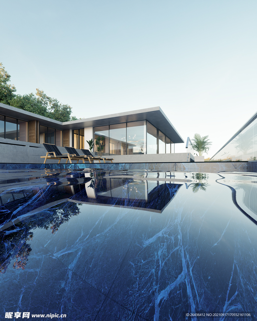 别墅泳池豪宅白天效果