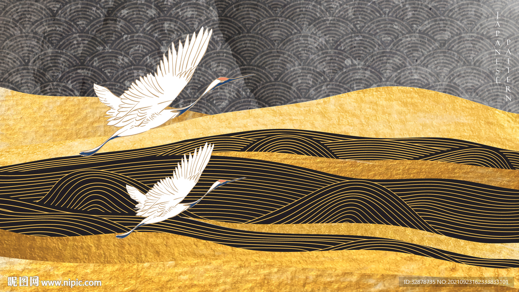 金色线条山背景  鹤插画