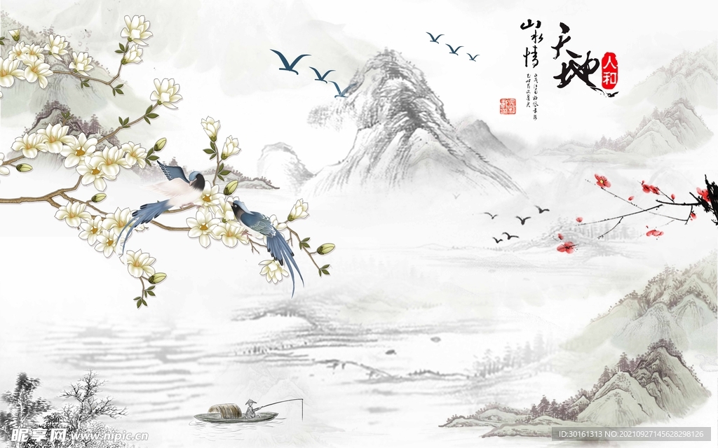 玉兰花山水背景墙