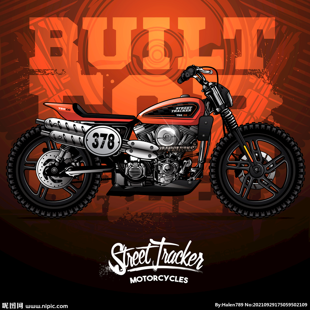 手绘插画炫酷摩托车橙色